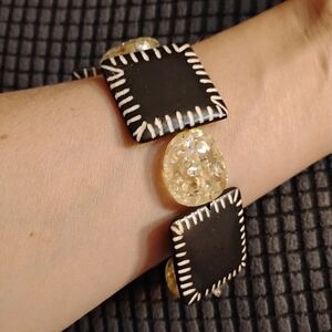 Black Bone Square & Transparent Gold Specs Amber Like Beaded Bracelet Mix Media